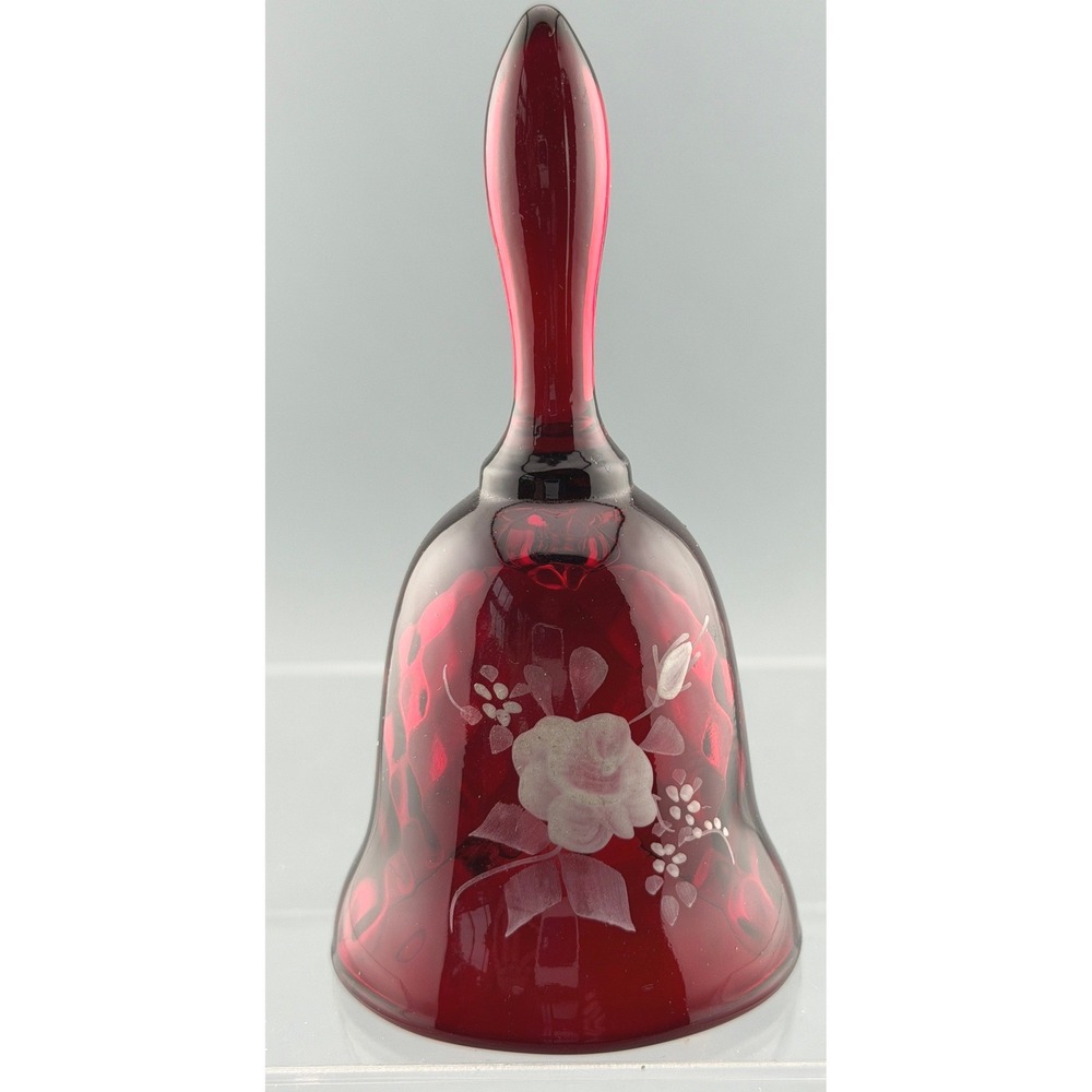 Vintage Fenton Ruby Red Art Glass Bell Hand Painted Rose Floral Signed 4.5" READ